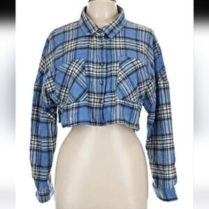 CiSono Blue Plaid Collection Cropped Flannel Button Down Shirt Size Medium